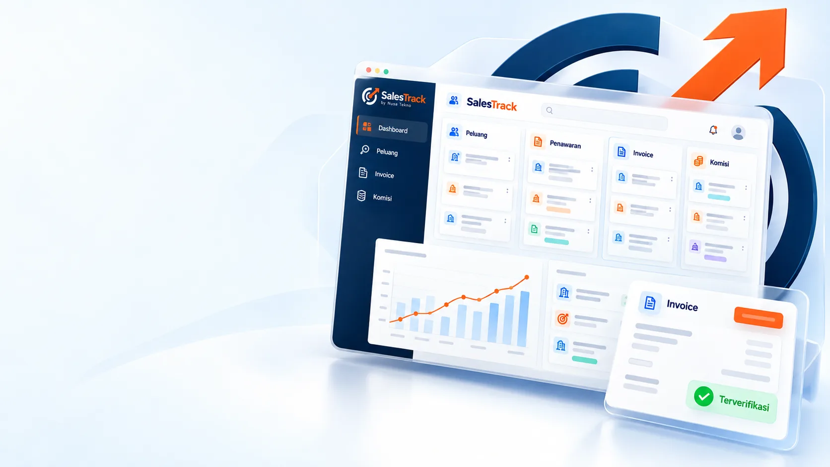 Tampilan dashboard SalesTrack dengan kolom Peluang, Penawaran, Invoice, Komisi dan kartu invoice terverifikasi